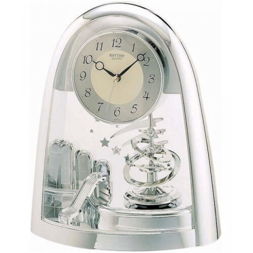 Rhythm Mantel Clock Arabic Dial Arched Top Rotating Astrological Pendulum Silver