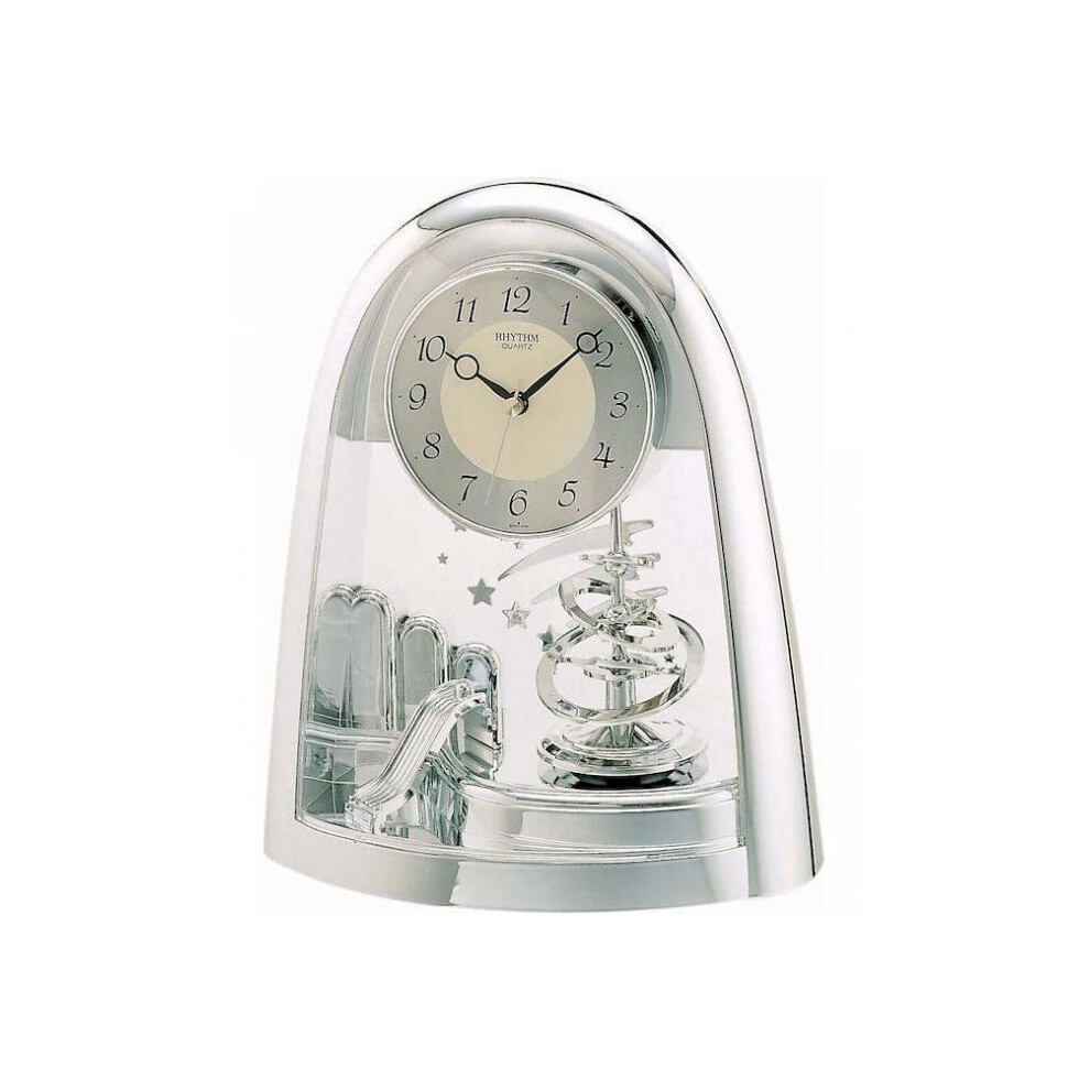 Rhythm Mantel Clock Arabic Dial Arched Top Rotating Astrological Pendulum Silver