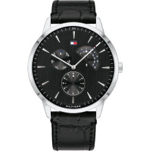Tommy Hilfiger Men's Watch 1710391 - Black Dial, 44mm, Leather Strap, Stainless Steel Case, Analog, 3ATM
