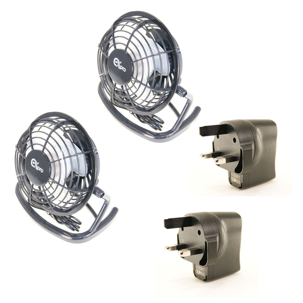 Ex-Pro Noiseless USB Desk Fan with USB Mains Power Plugs [Pack of 2]