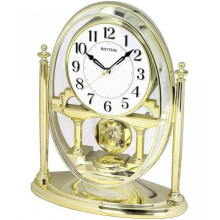 Rhythm Mantel Clock Moving Pendulum Adorned Crystals Gold White Face CRP609WR18