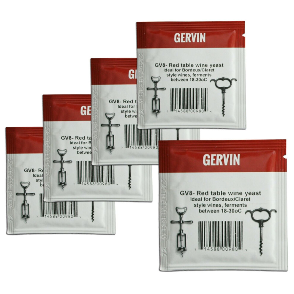5x Gervin GV8 Wine Yeast 5g Red Table Wine like Bordeaux or Claret 5-23L