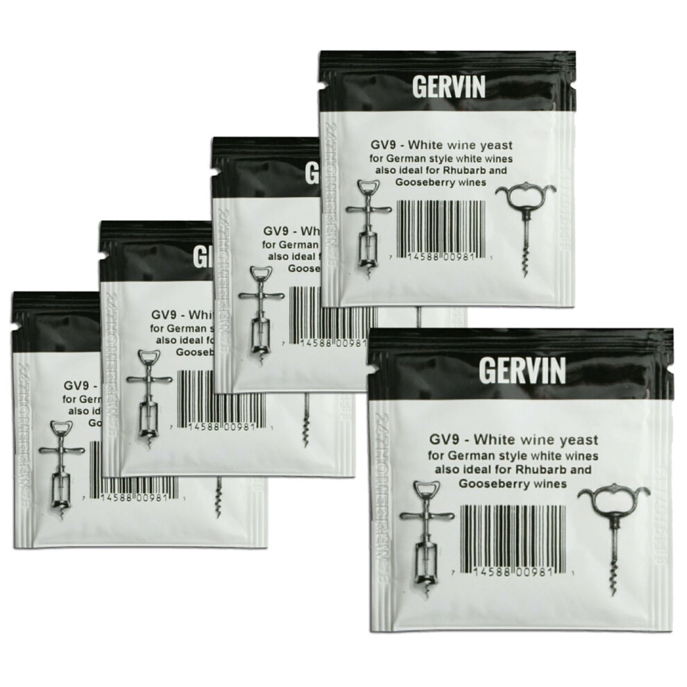 5x Gervin GV9 Wine Yeast 5g Aromatic White Fruity Wines 5-23L