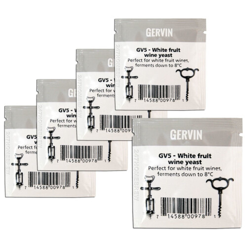 5x Gervin GV5 Wine Yeast 5g White Fruit Develops Bouquet 5-23L