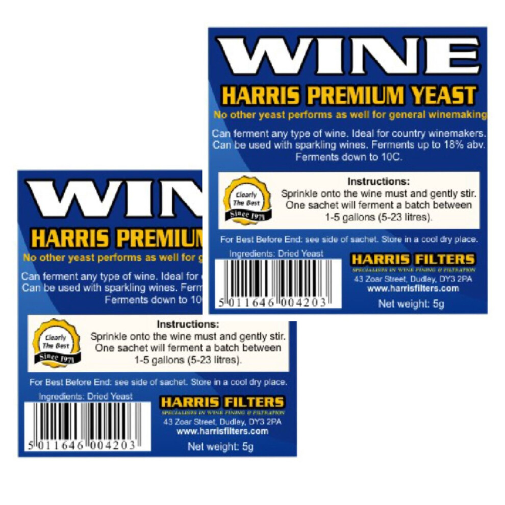 2x Harris Premium Wine Yeast 5g for 5L-23L 18% ABV High Alcohol All Wine Types