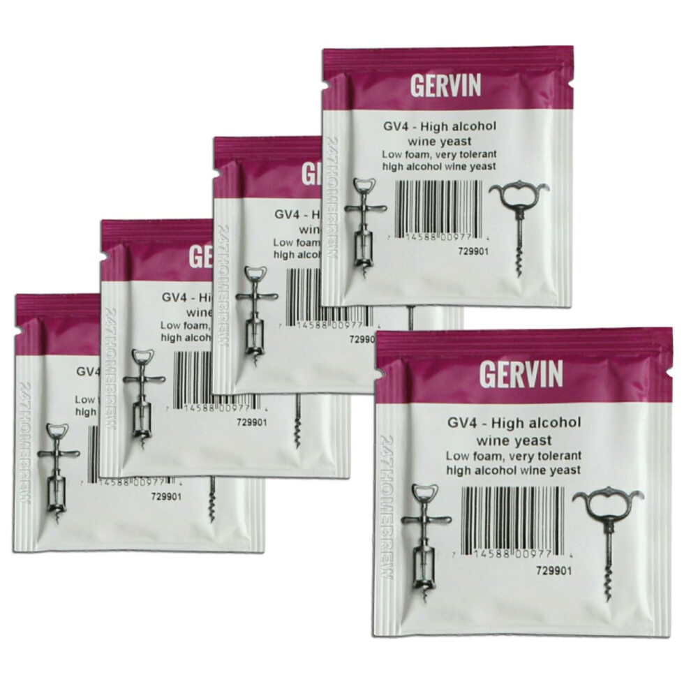 5x Gervin GV4 Wine Yeast 5g High Alcohol Yeast up to 21% 5-23L