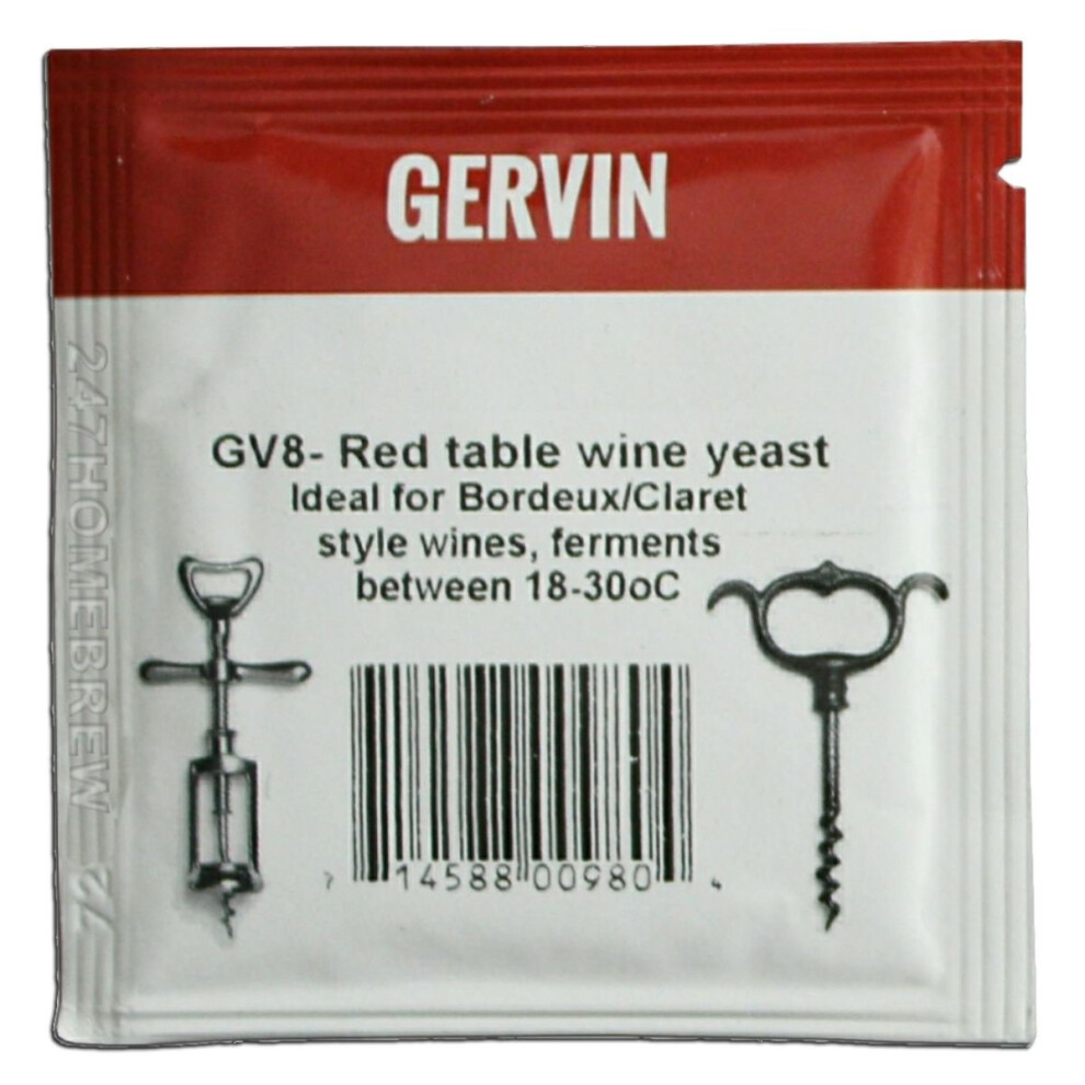 Gervin GV8 Wine Yeast 5g Sachet - Red Wine / Bourdeaux / Claret Style & Higher Temperature Fermentations - Homebrew