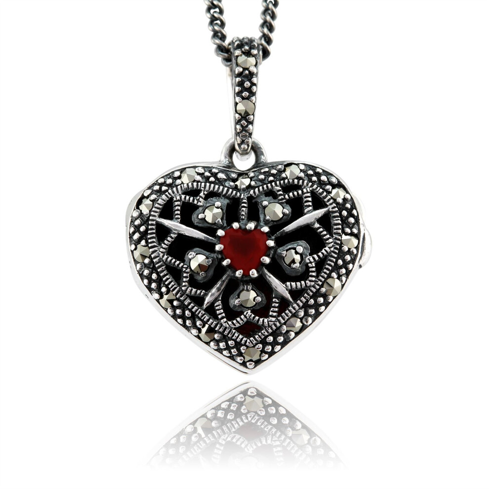 Art Nouveau Style Heart Cornelian & Marcasite Locket on Chain in 925 Sterling Silver
