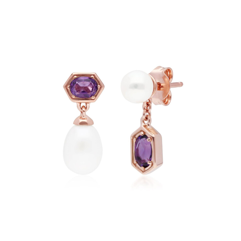 Modern Pearl & Amethyst Mismatched Drop Earrings In Rose Gold Plated Sterling Silver