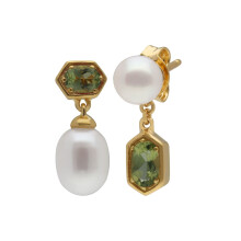 Modern Pearl & Peridot Mismatched Drop Earrings in Gold Plated Sterling Silver