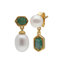 Modern Pearl & Emerald Mismatched Drop Earrings in Gold Plated Sterling Silver