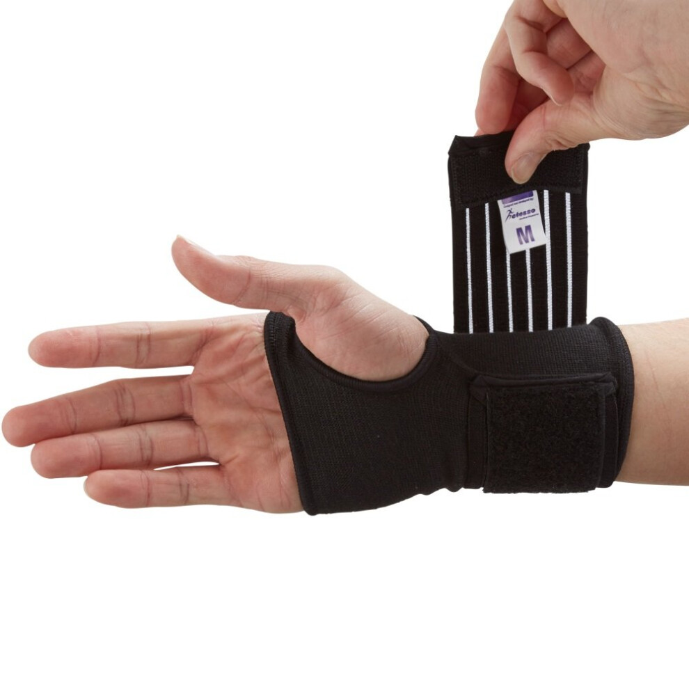 (Large, Black) Actesso Elastic Wrist Support With Strap - Ideal for Sprains, Injury or Sports Use - No Metal Bar