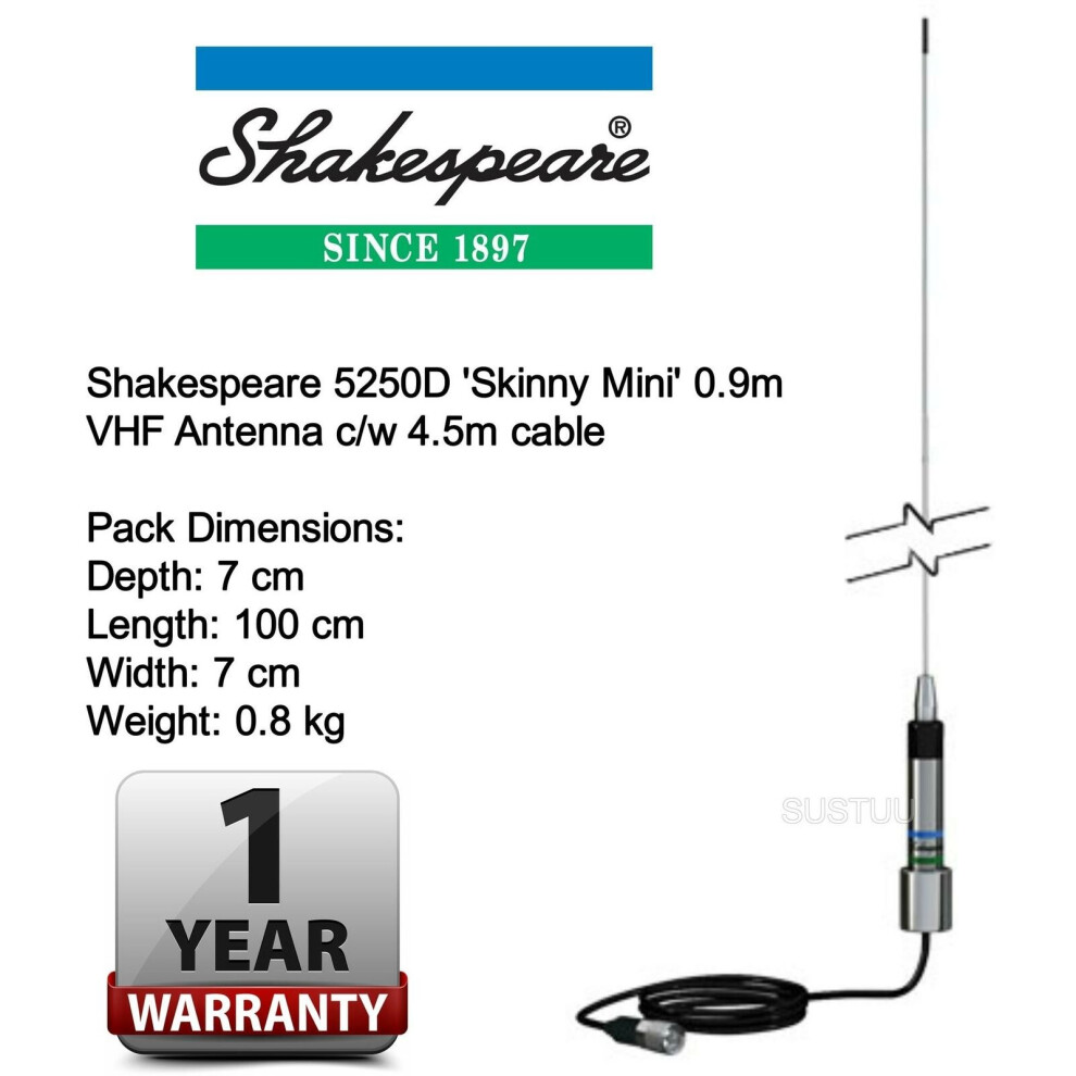 Shakespeare 5250D Skinny Mini VHF Whip Antenna -0.9m with 4.5m Cable?for Boats