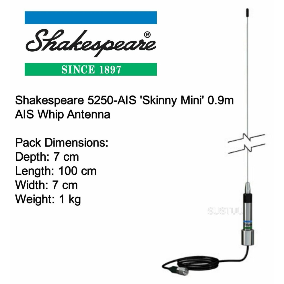 Shakespeare 5250-AIS 'Skinny Mini' 0.9m AIS Whip Antenna with 4.5m Cable & RG-58