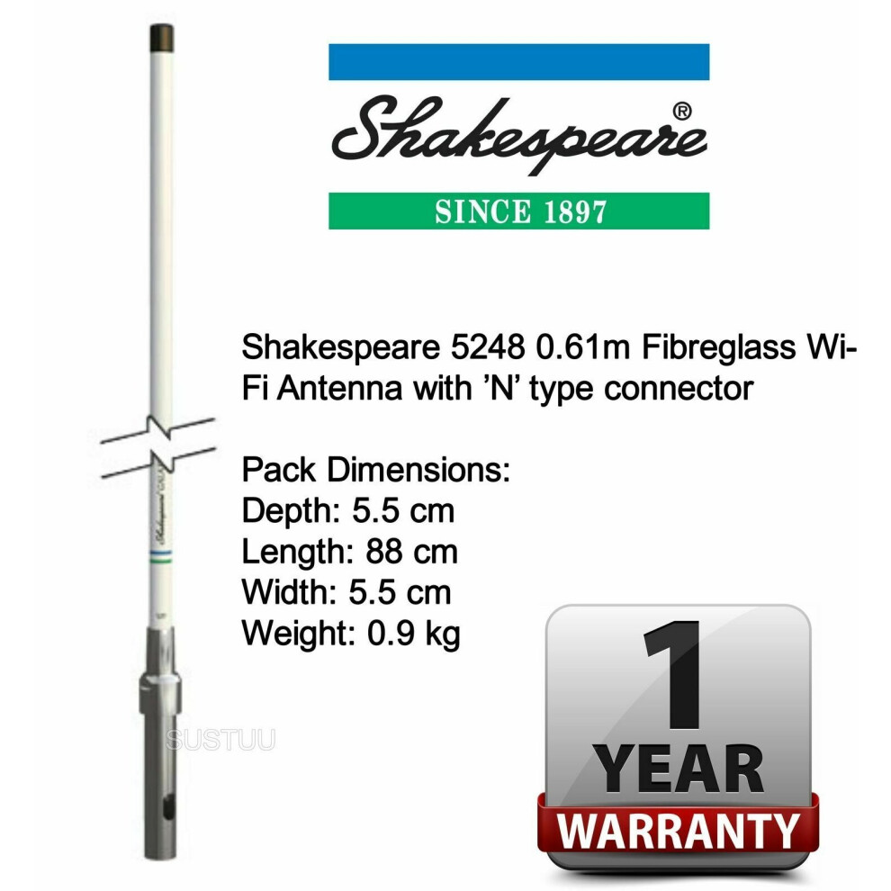 Shakespeare 5248 Wi-Fi Antenna - 0.61m with ÂNÂ Type Connector?Fibreglass?2.4GHz