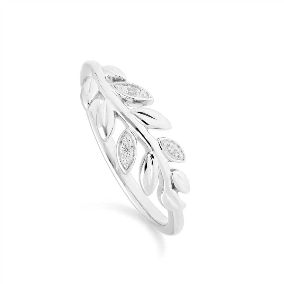 (L) O Leaf Diamond Olive Branch Ring in 9ct White Gold