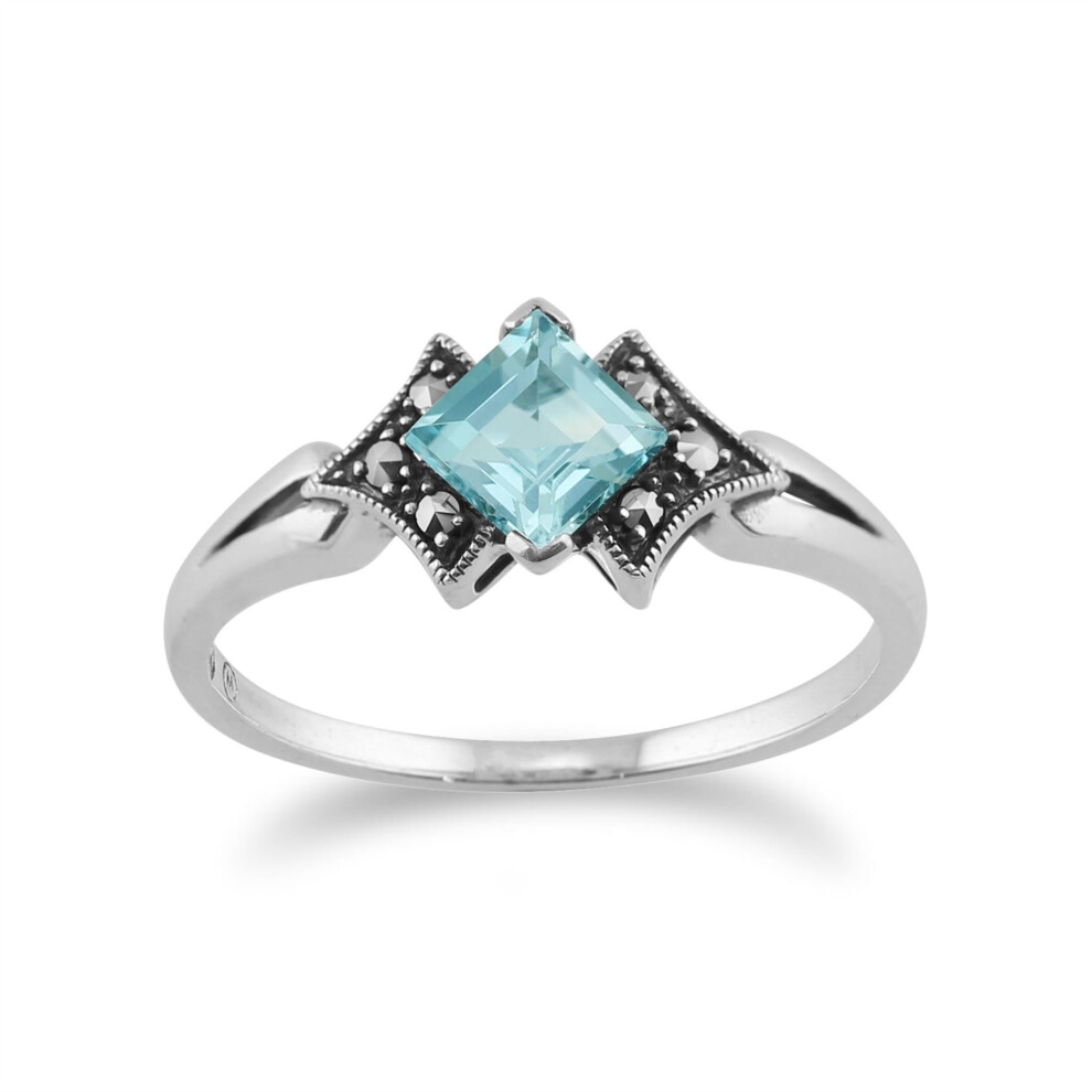 (P) Art Deco Style Square Blue Topaz & Marcasite Ring in 925 Sterling Silver