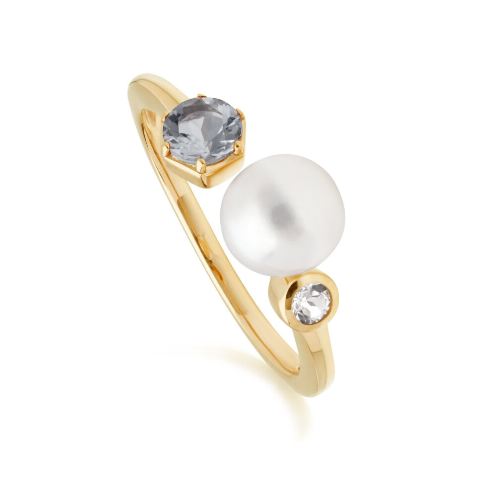 (L) Modern Pearl, Aquamarine & Topaz Open Ring in Gold Plated Sterling Silver