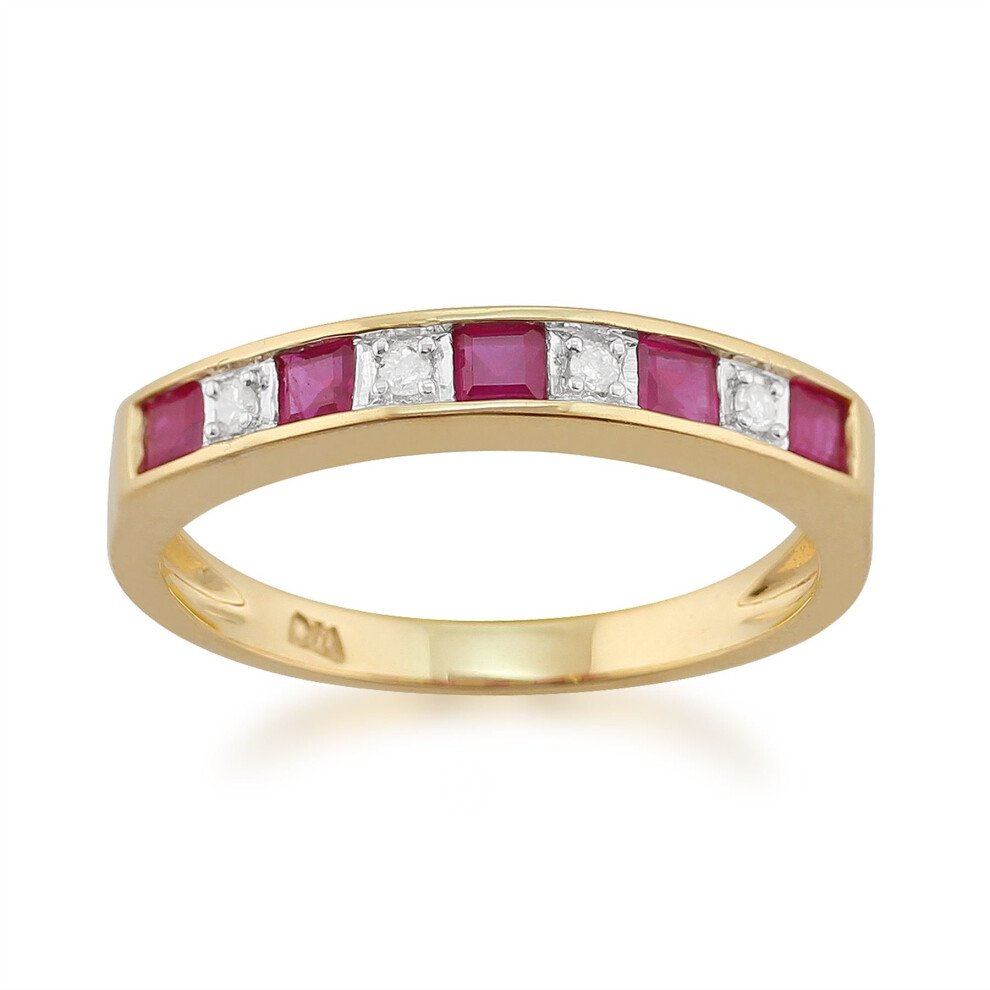 (K) Classic Square Ruby & Diamond Half Eternity Ring in 9ct Yellow Gold