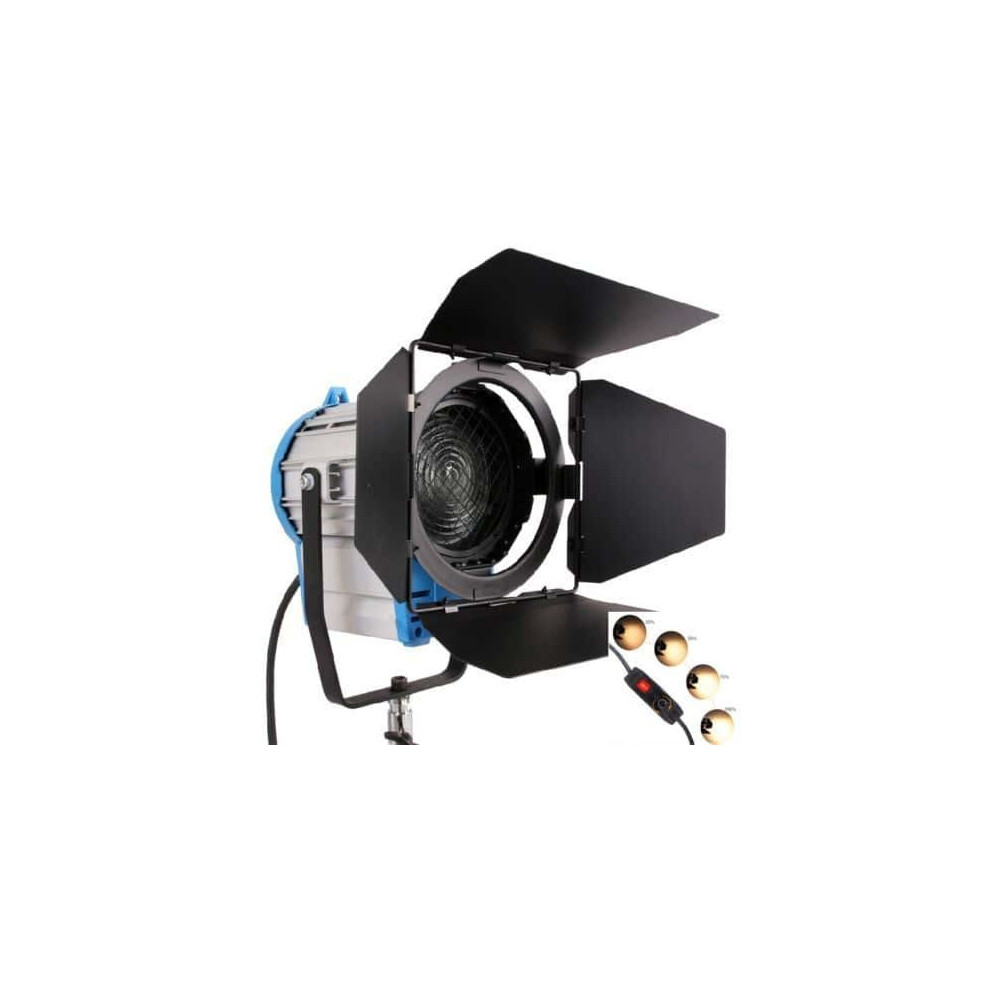 2000W Pro Fresnel Tungsten Halogen Video Spotlight with Built In Dimmer, Bulb & Barndoor