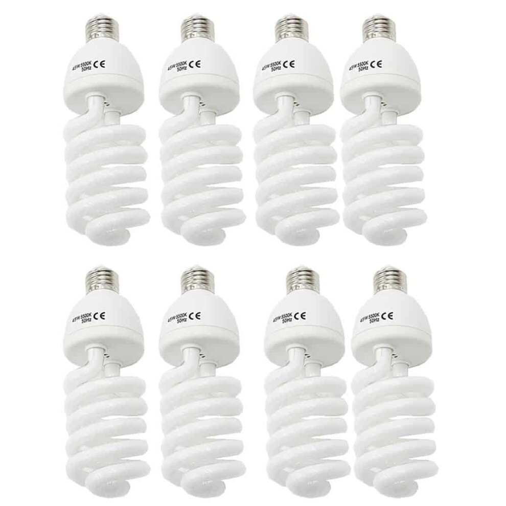 8 Packs 45W 5500K CFL Energy Saving Full Spectrum White Spiral Fluorescent Daylight Bulbs for Photography Photo Video Studio Lighting