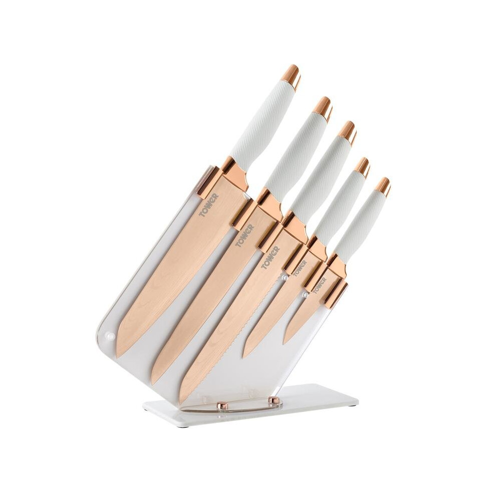 5pc Tower Kitchen Knife Set With Knife Block  Rose Gold