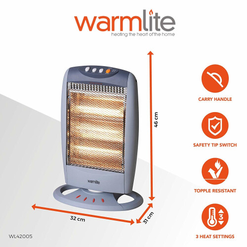 Warmlite WL42005 1200W 3 Bar Oscillating Halogen Heater Grey on OnBuy