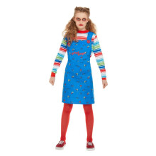 (blue, Child 7-9 Years) Chucky costume children blue with dress and headpiece costume Size
