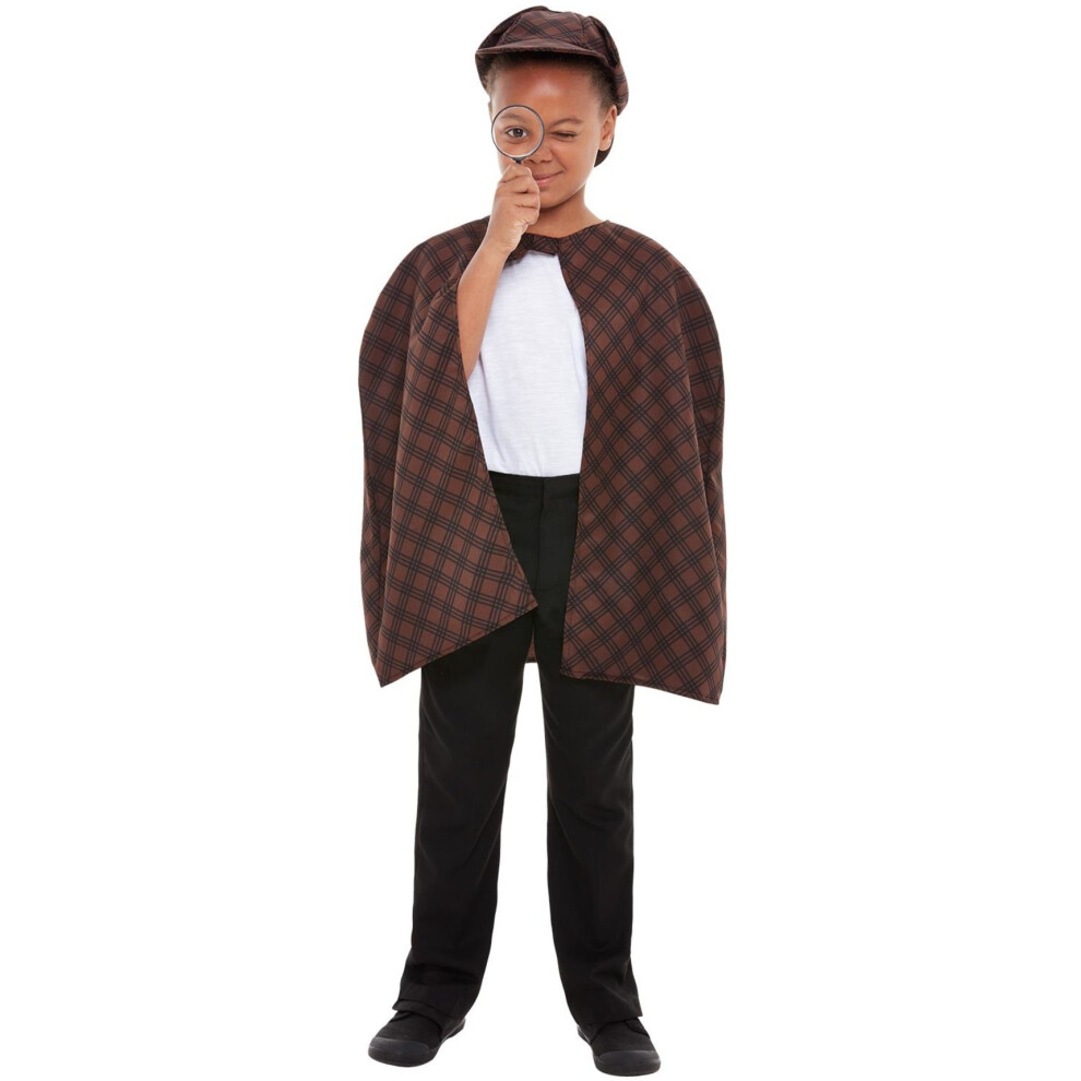 (gold, Child 7-9 Years) Detective Sherlock Children costume Set Unisex Carnival private eye cape cap Lupe Size