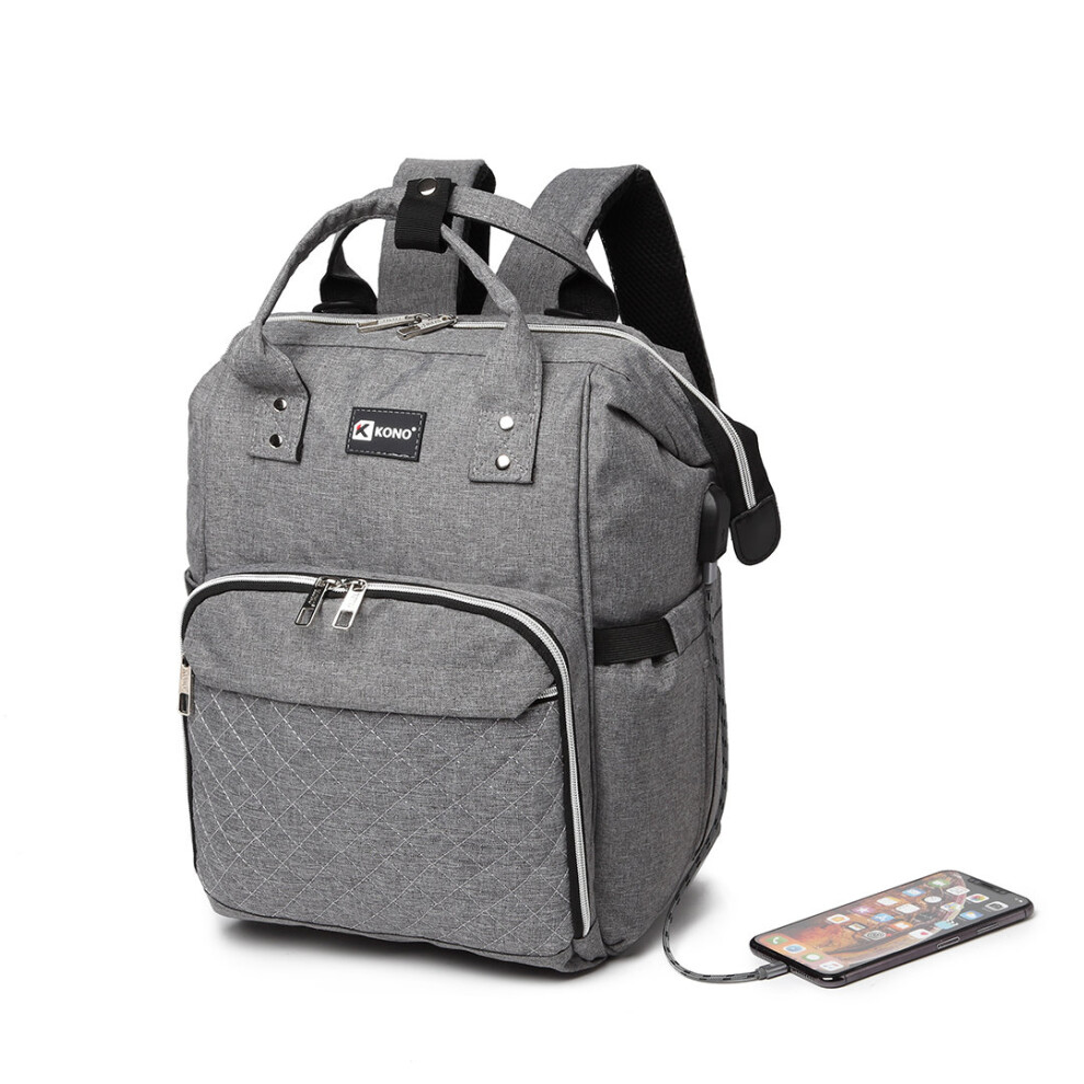 (Grey) KONO Opening Baby Nappy Changing Backpack With USB Port