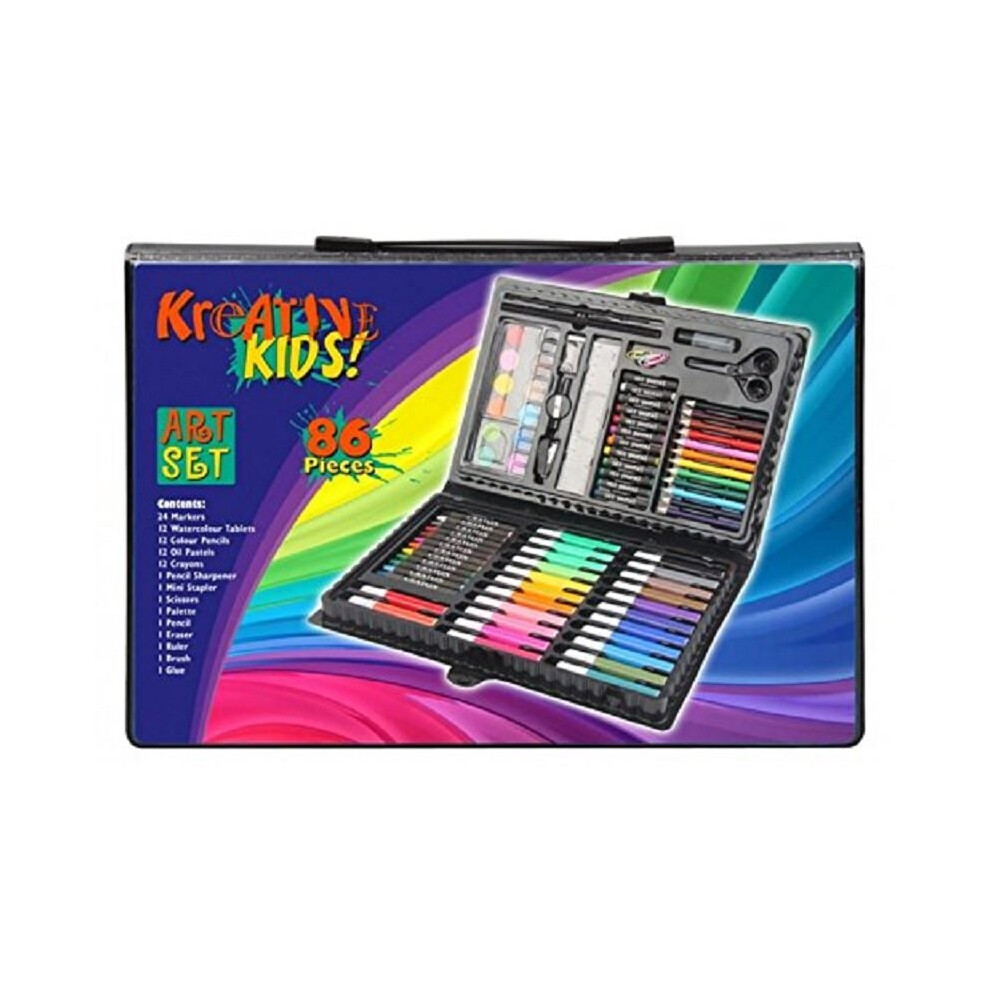 Children's 86 Piece Art Set In Carry Case Crayons Pens Pencils Paints Oil