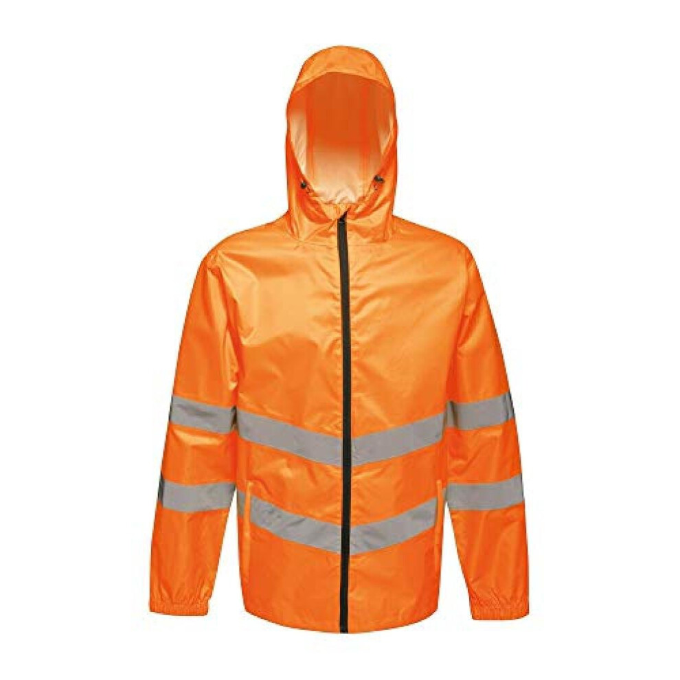 Regatta Professional Lightweight Mens Orange and Grey Striped Hi Vis Pro Waterproof Reflective Packaway Work Jacket, Size: S