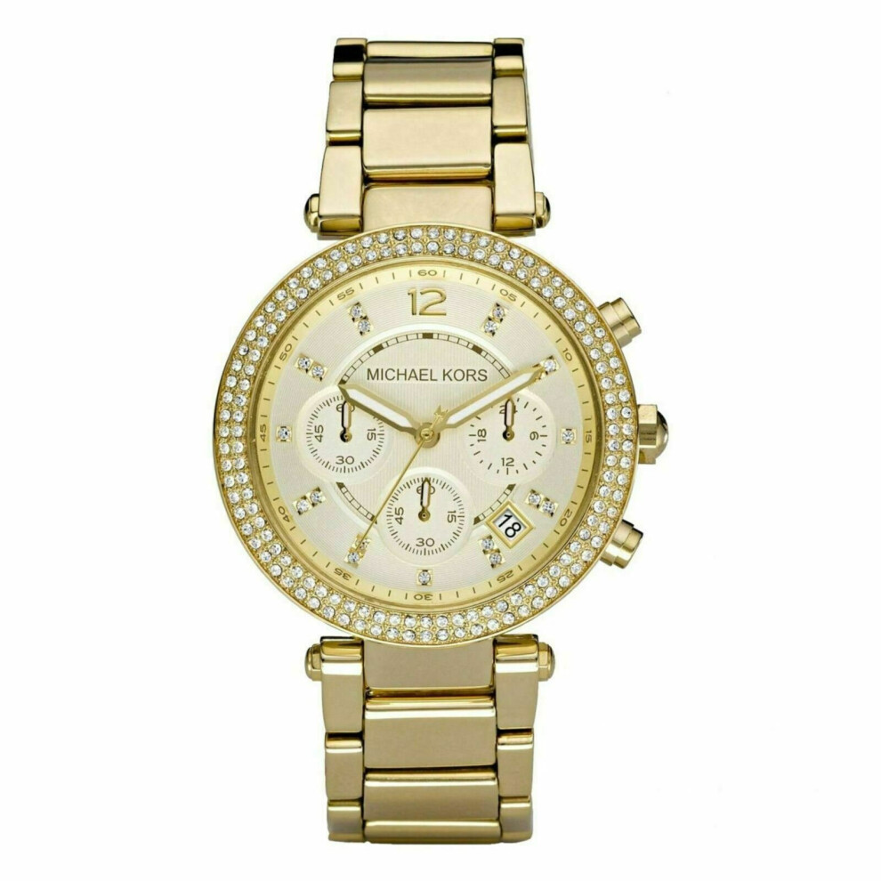 Michael Kors Parker Ladies Chronograph Watch Gold PVD Bracelet Silver Dial MK5354