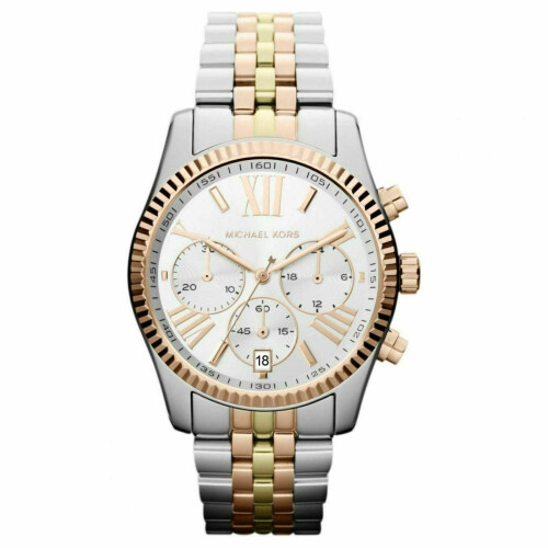 Michael Kors Lexington Ladies Chronograph Watch Tri Tone Bracelet Silver Dial MK5735 on OnBuy