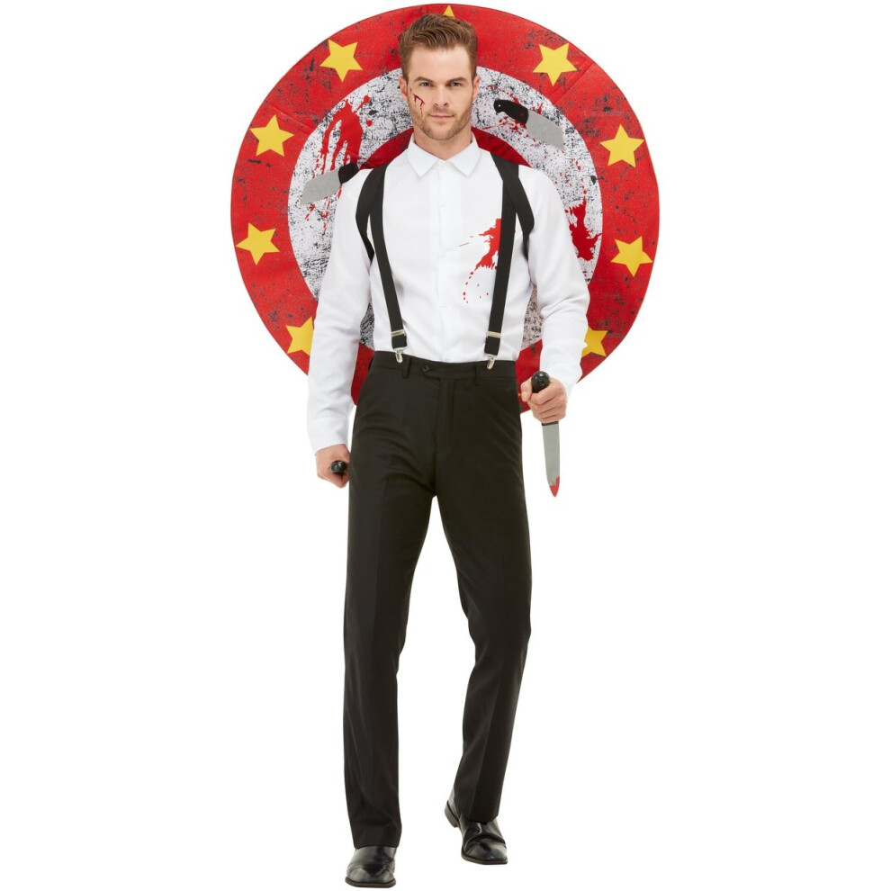 (multicoloured, L) Knife Thrower Costume Men Red White shirt with suspenders and Velcro target plate diameter Male costume Size