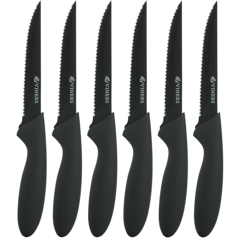 Viners Set of 6 Steak Knives Black Handles Serrated Non Stick