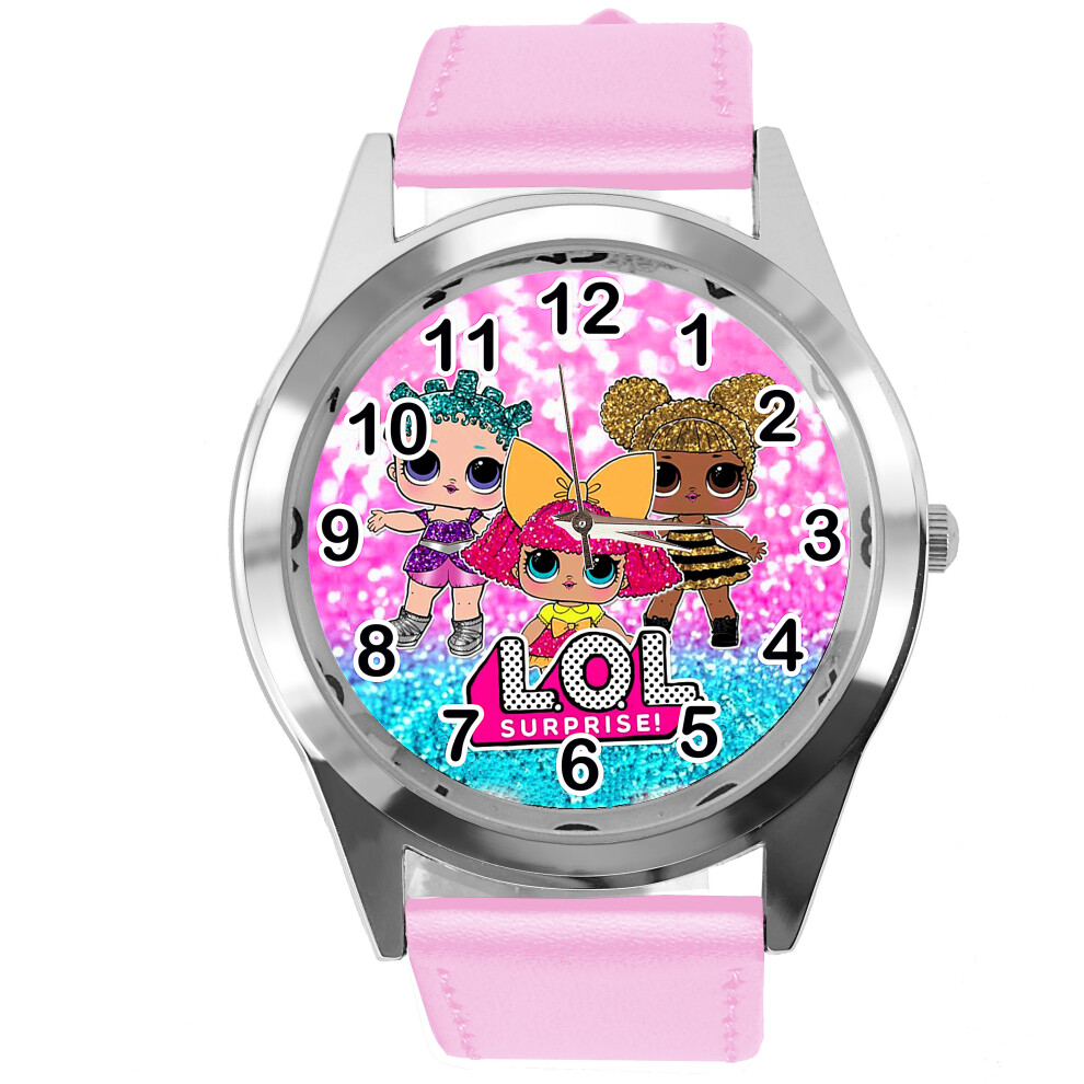 (Pink) Leather Band Round Watch for LOL Dolls Fans