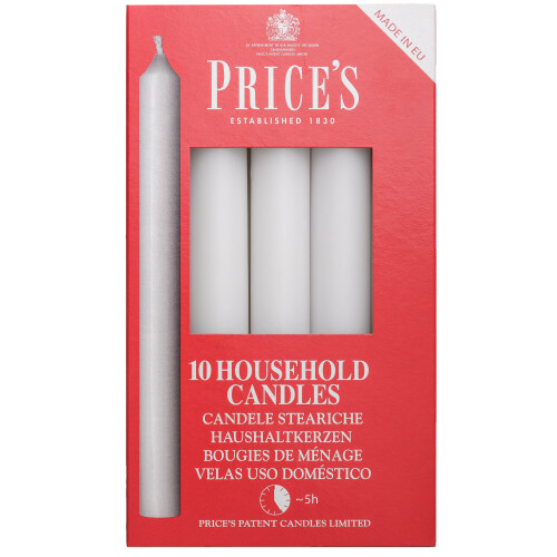 Price's 10pk White Household Candles - Smokeless, Non-Drip, Up to 5h Burn, Indoor Use