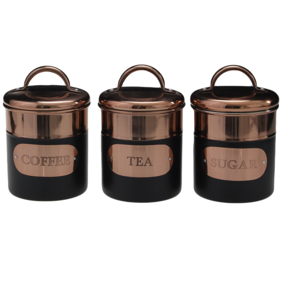 Set of 3 Stainless Steel Copper Black Tea Sugar Coffee Canisters Kitchen Storage