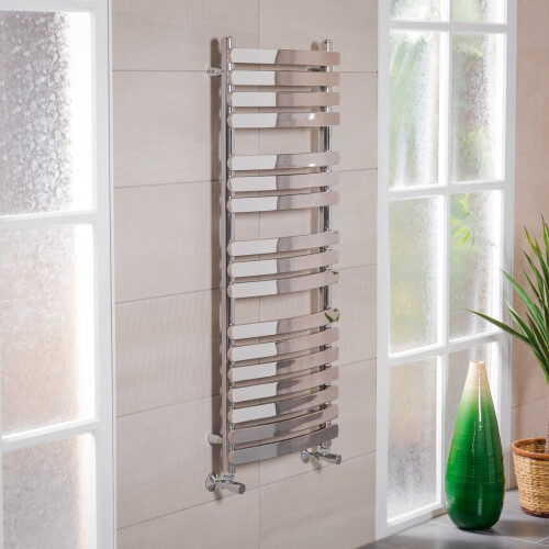 PlumbGalaxy Boden 1200 x 500mm Curved Chrome Flat Panel Heated Towel Rail