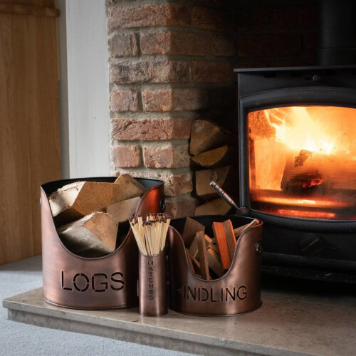Log's & Kindling Buckets + Matchstick Holder In Copper