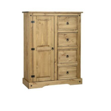 Corona 1 Door 4 Drawer Low Wardrobe Distressed Waxed Pine