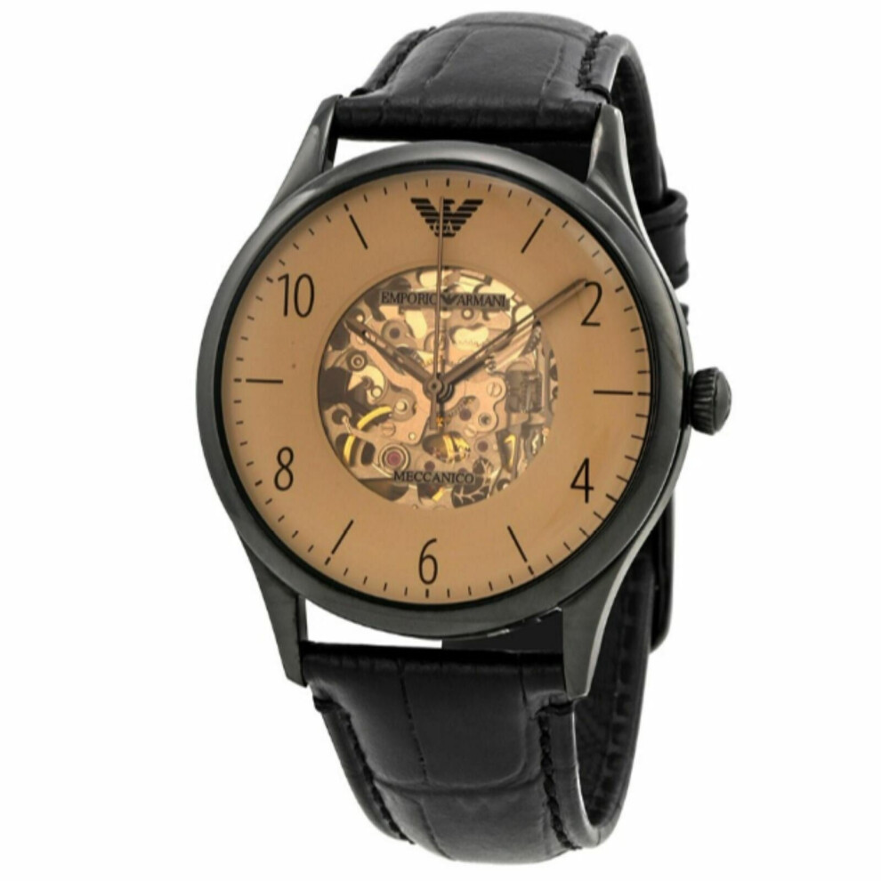 Emporio Armani Men's Watch¦Automatic Beige Skeleton Dial¦Black Leather Band¦1923