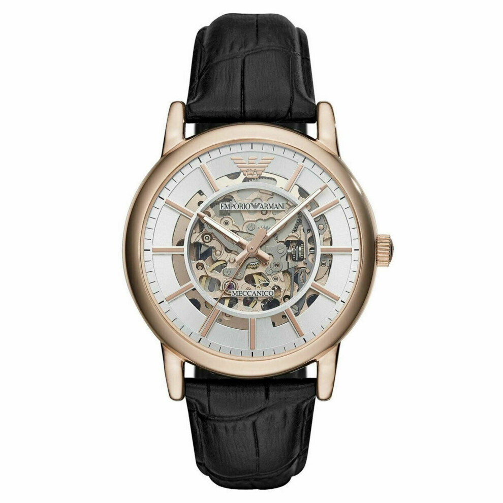 Emporio Armani Men's Watch¦Rose Gold Round Dial¦Black Leather Strap¦AR60007