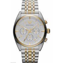 Montre homme Emporio Armani AR0396 – Chronographe, cadran argenté, bracelet bicolore acier et doré