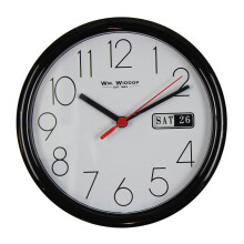 Wm.Widdop Day/Date Wall Clock-Black Case White Dial 8.5"Rnd