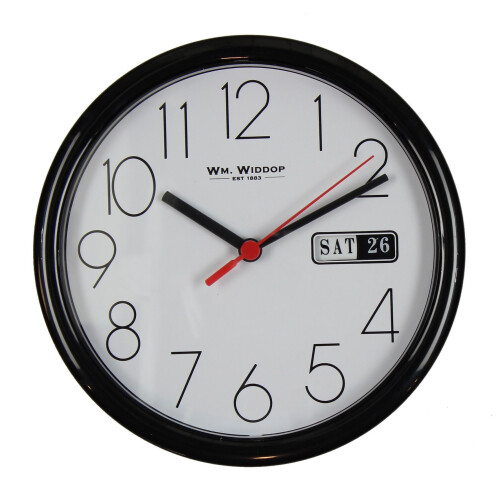 WIDDOP and Co. Wm.Widdop Day/Date Wall Clock-Black Case White Dial 8.5"Rnd