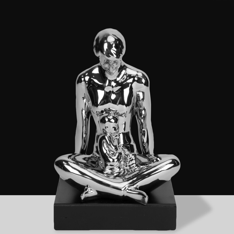 Silver Finish Ceramic Cross-Legged Woman with Child Figurine