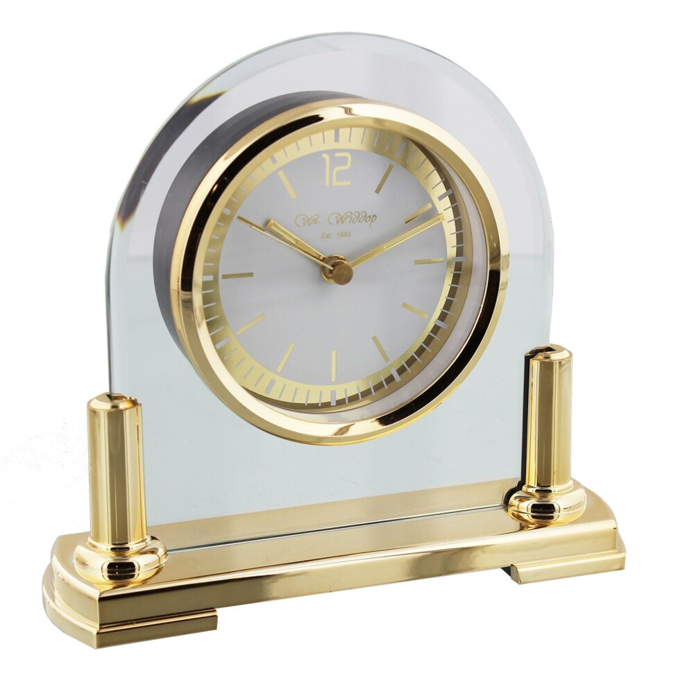 Wm.Widdop Glass Mantel Clock 2 Tone Dial Gold Stand