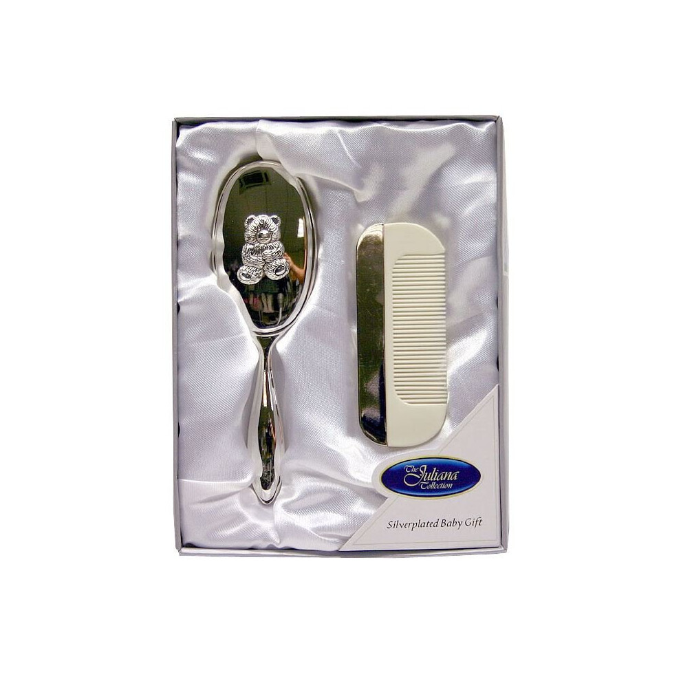 Silverplated Baby Brush & Comb - Teddy Design - Widdop